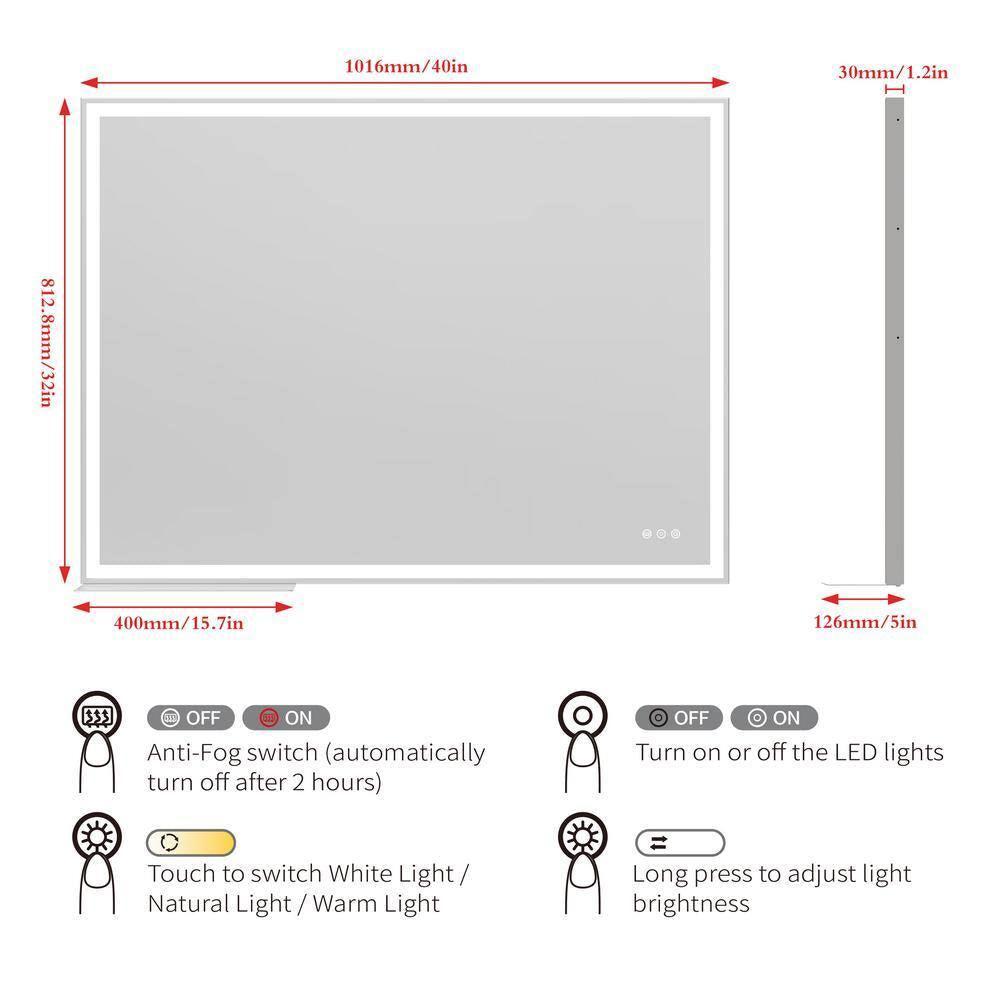 40 In. W X 32 In. H Rectangular Aluminum Framed LED Light Anti-Fog Wall Bathroom Vanity Mirror with Tray