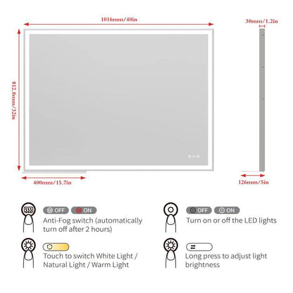40 In. W X 32 In. H Rectangular Aluminum Framed LED Light Anti-Fog Wall Bathroom Vanity Mirror with Tray