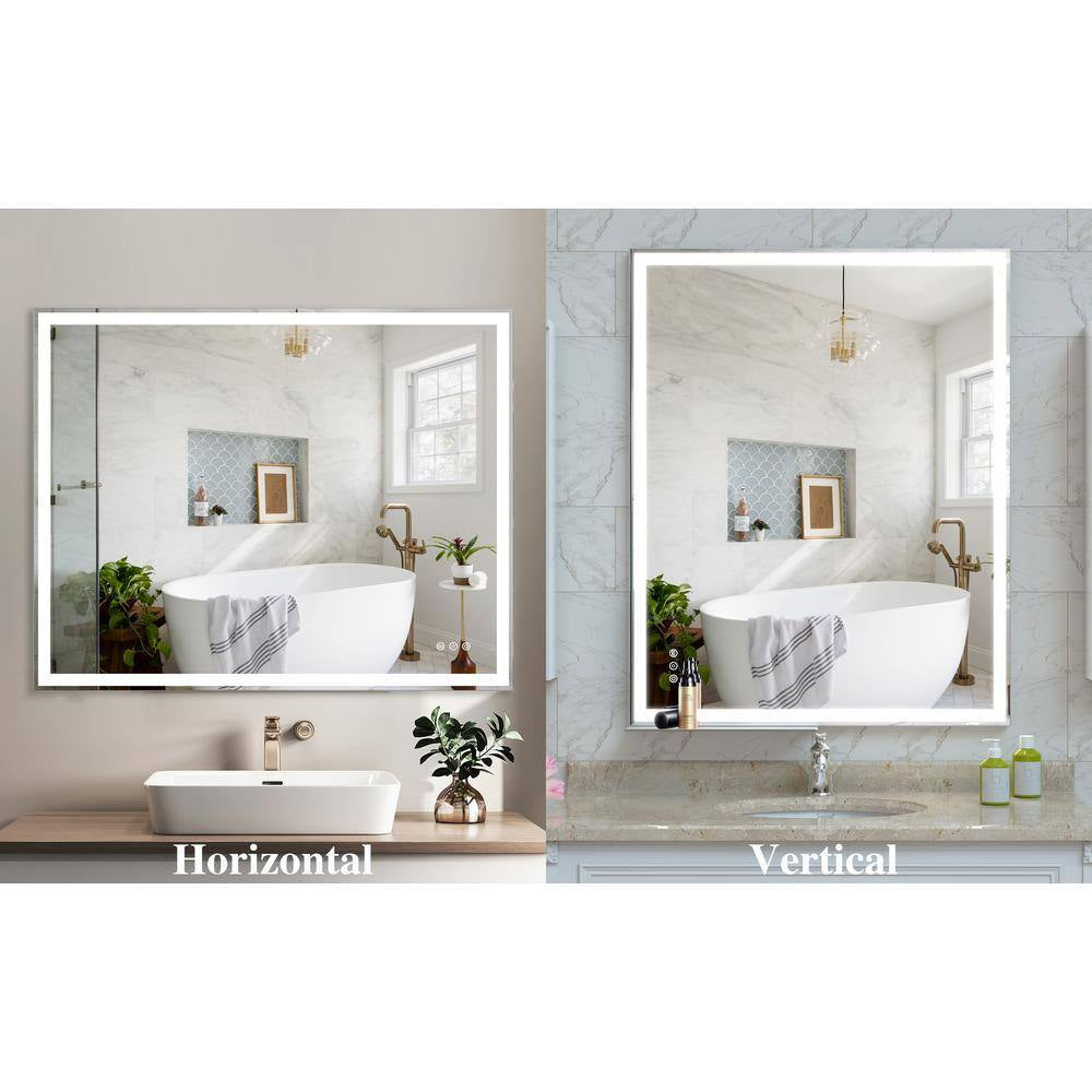 40 In. W X 32 In. H Rectangular Aluminum Framed LED Light Anti-Fog Wall Bathroom Vanity Mirror with Tray