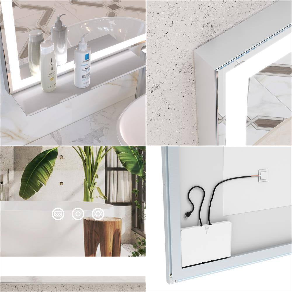 40 In. W X 32 In. H Rectangular Aluminum Framed LED Light Anti-Fog Wall Bathroom Vanity Mirror with Tray