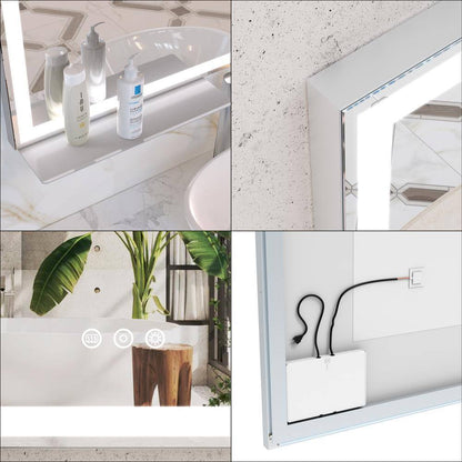 40 In. W X 32 In. H Rectangular Aluminum Framed LED Light Anti-Fog Wall Bathroom Vanity Mirror with Tray