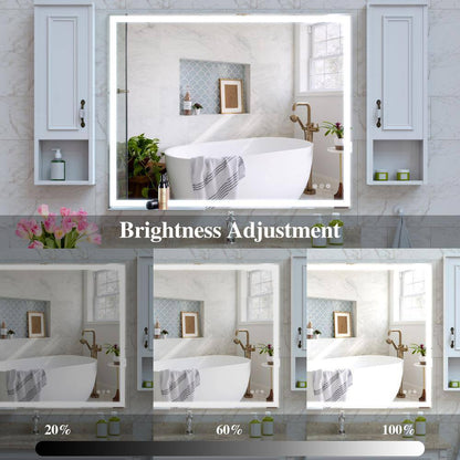 40 In. W X 32 In. H Rectangular Aluminum Framed LED Light Anti-Fog Wall Bathroom Vanity Mirror with Tray