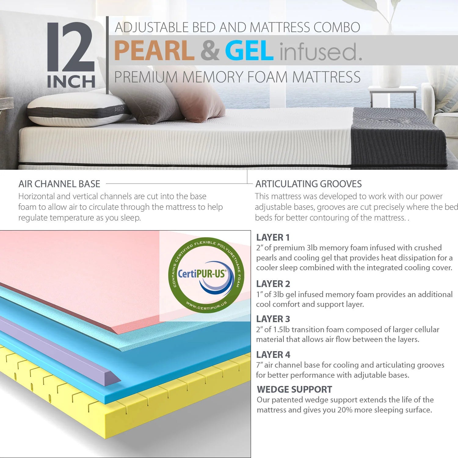 Sleep System: 12" Mattress & 15" Smart Adjustable Base