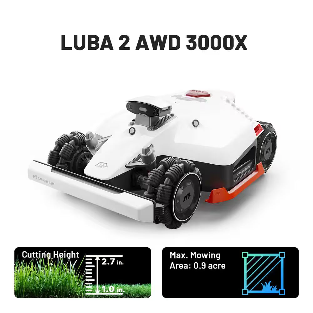 Luba 2 AWD 15.8 In. RTK Robot Lawn Mower (3/4 Acre), Adjustable Cutting Height (1 In. - 2.7 In.), All Terrain, AI Vision