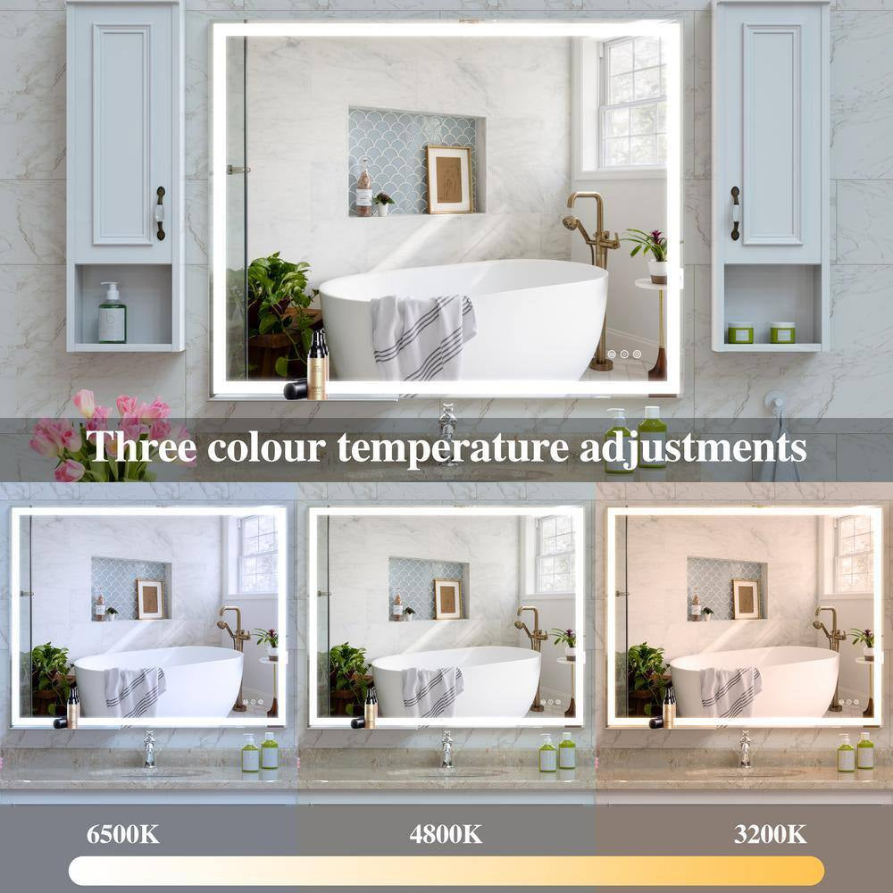 40 In. W X 32 In. H Rectangular Aluminum Framed LED Light Anti-Fog Wall Bathroom Vanity Mirror with Tray