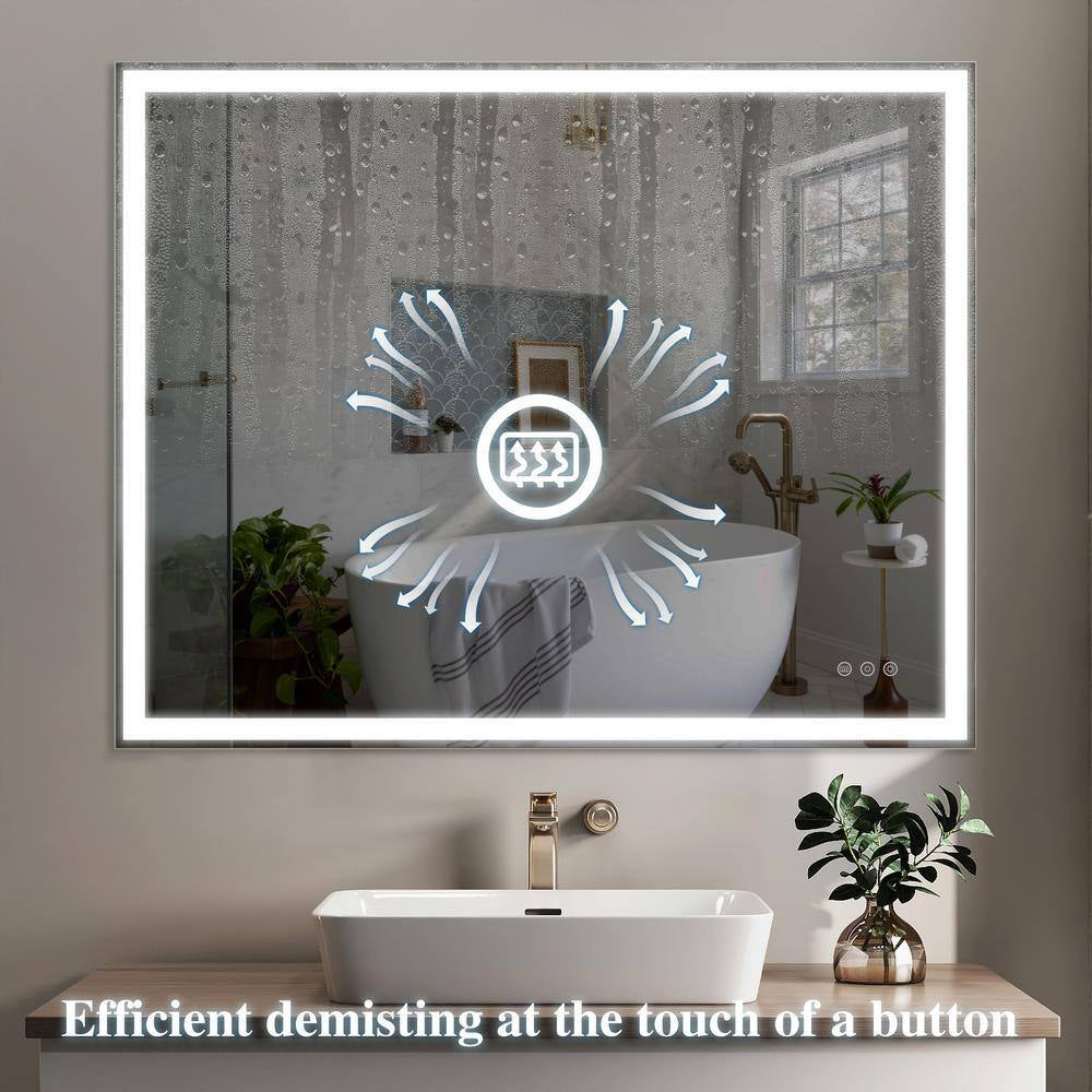 40 In. W X 32 In. H Rectangular Aluminum Framed LED Light Anti-Fog Wall Bathroom Vanity Mirror with Tray