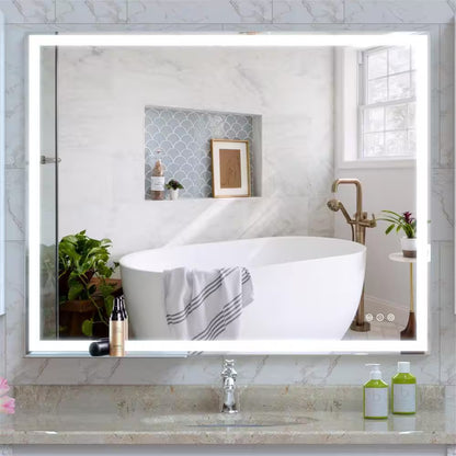 40 In. W X 32 In. H Rectangular Aluminum Framed LED Light Anti-Fog Wall Bathroom Vanity Mirror with Tray